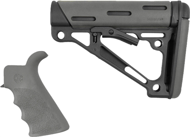 Picture of  Hogue 15556 Overmolded Collapsible Buttstock Black Synthetic & Slate Gray Overmolded Rubber Stock Slate Gray Rubber Finger Grooved Grip For Ar-15, M16 With Mil-Spec Buffer Tube (Tube Not Included) 743108155561