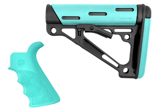 Picture of  Hogue 13456 Overmolded 2-Piece Kit Collapsible Aqua Overmolded Rubber Black & Aqua Rubber Grip For Ar15, M16 With Mil-Spec Tube (Tube Not Included)