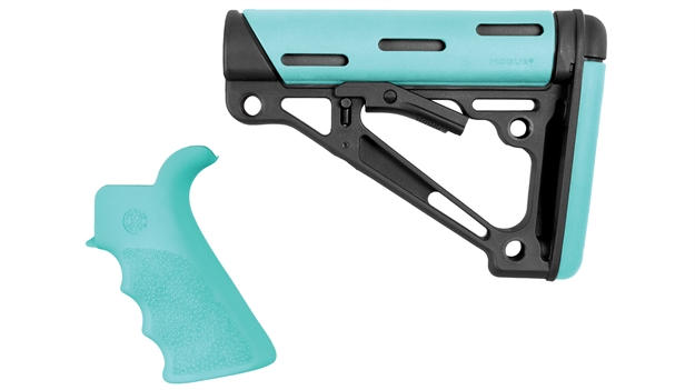 Picture of  Hogue 13456 Overmolded 2-Piece Kit Collapsible Aqua Overmolded Rubber Black & Aqua Rubber Grip For Ar15, M16 With Mil-Spec Tube (Tube Not Included) 743108134566