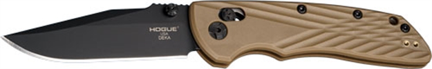 Picture of Hogue  Deka  3.25" Folding Clip Point Plain Black Cerakote Cpm Magnacut SS Blade, Fde Crosshatch Textured Grn Handle, Includes Pocket Clip 24377 743108243770