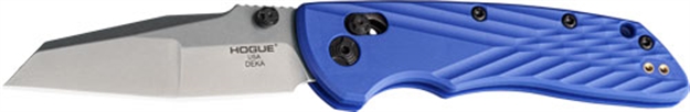 Picture of  Hogue 24363 Deka  3.25" Folding Modified Wharncliffe Plain Stone Tumbled Cpm Magnacut Steel Blade, Blue Textured Grn Handle 743108243633
