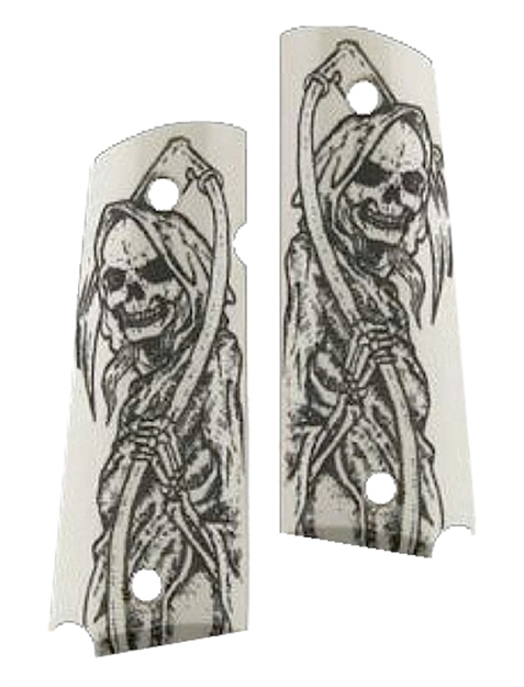 Picture of  Hogue 45029 Scrimshaw Grip  Abmi-Cut Ivory With Full Body Grim Reaper Polymer For 1911 Government 743108450291