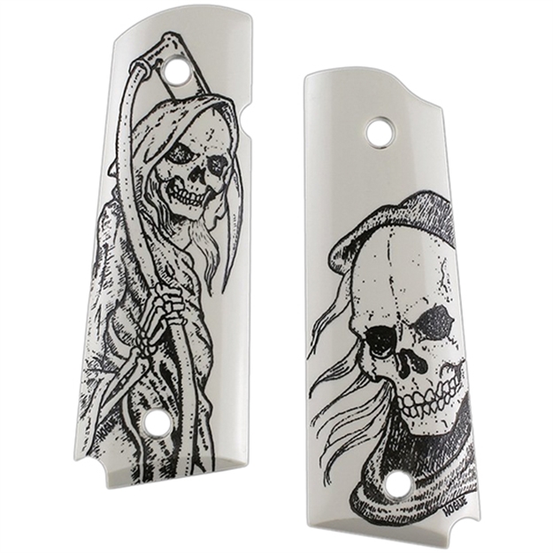 Picture of  Hogue 45026 Scrimshaw Grip  Ambi-Cut Ivory With Grim Reaper Polymer For 1911 Government