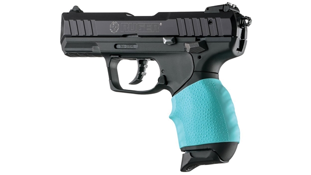 Picture of  Hogue 18004 Handall Jr. Grip Sleeve Small Size Made OF Rubber With Textured Aqua Blue Finish & Finger Groove For Most 22, 25 & 38 Pistols