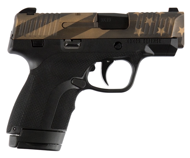 Picture of Honor Defense Hg9scflgblk Honor Guard Sub-Compact 
9Mm Luger Double 3.2" 7+1/8+1 Black Interchangeable Backstrap Grip Black Polymer Frame American Flag Earth Tone Slide