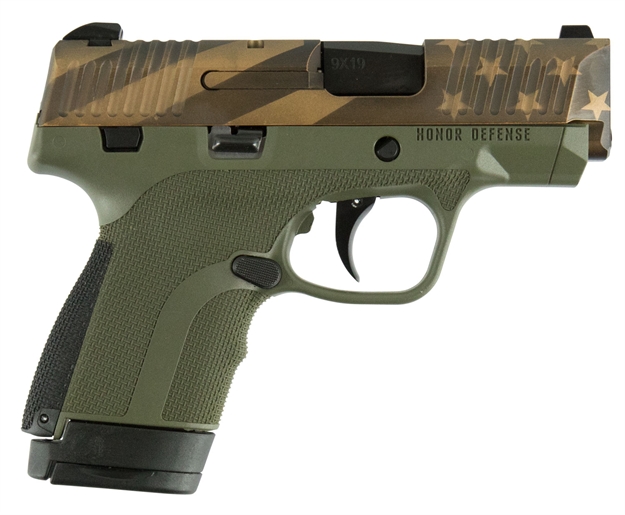 Picture of Honor Defense Hg9scflgod Honor Guard Sub-Compact 
9Mm Luger Double 3.2" 7+1/8+1 Black Interchangeable Backstrap Grip OD Green Polymer Frame American Flag Earth Tone Slide