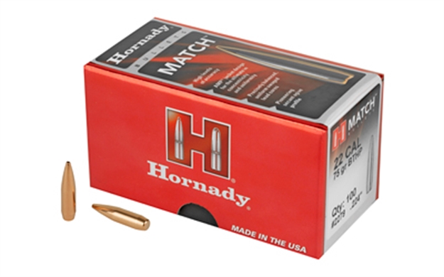 Picture of  Hornady 2279 Match  22 Cal .224 75 GR Hollow Point Boat Tail Match 100 Per Box/ 25 Case 090255222791