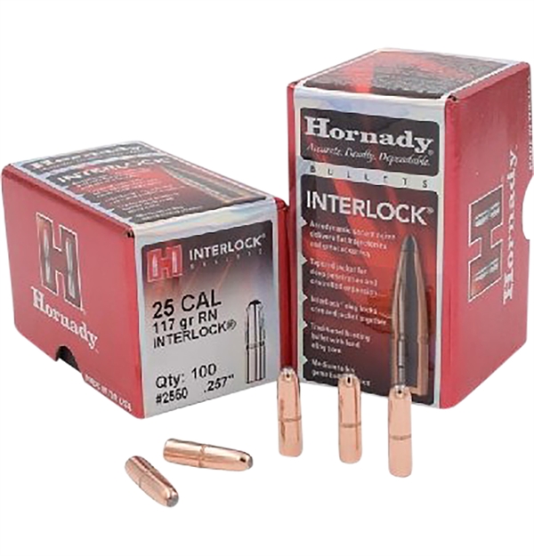 Picture of  Hornady 2550 Interlock  25 Cal .257 117 GR Round Nose 100 Per Box/ 25 Case 090255225501