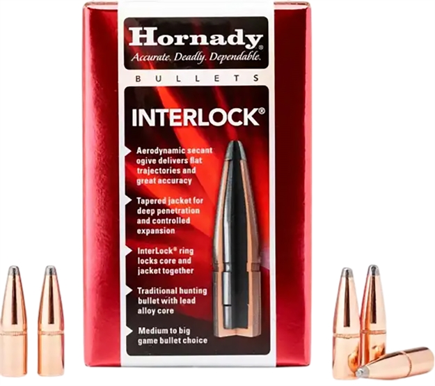 Picture of  Hornady 3033 Interlock  30 Cal .308 150 GR Boat Tail Soft Point 100 Per Box/ 15 Case 090255230338