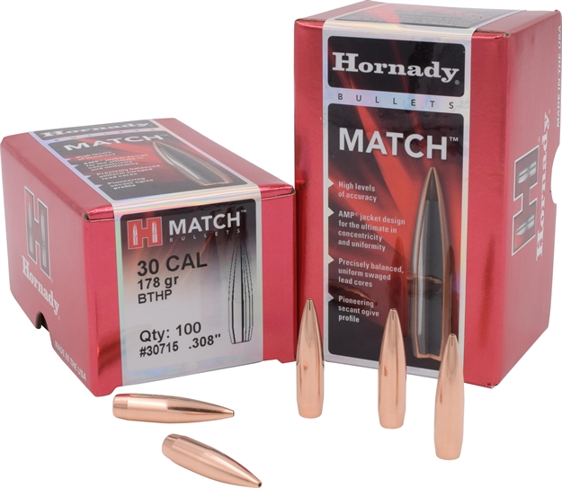 Picture of  Hornady 30715 Match  30 Cal .308 178 GR Hollow Point Boat Tail Match 100 Per Box/ 15 Case 090255307153