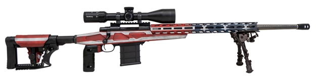Picture of  Howa Hcra72507uskmdt M1500 Apc Chassis 6.5 Creedmoor 24" Blued Heavy Barrel 10+1 (3 Mags), American Flag Cerakote 6 Position Luth-Ar Mba-4 W/Aluminum Chassis Stock, Includes Bipod And Grips 682146880205