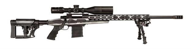 Picture of  Howa Hcra72507usg M1500 Apc Chassis 6.5 Creedmoor 24" HB 10+1 Black American Flag Grayscale Cerakote 6 Position Luth-Ar Mba-4 With Aluminum Chassis Stock Heavy Barrel Bipod 4-16X50 Scope