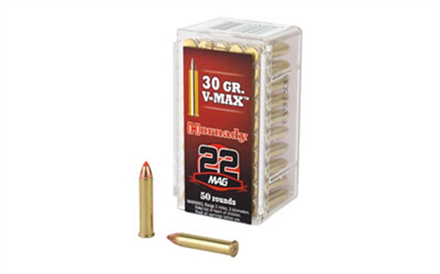 Picture of Hornady Rimfire Varmint Express Ammo 22 Wmr, V-Max, 30 Grains, 2200 Fps, 50 Rounds, Boxed 83202
