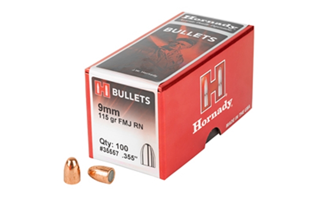 Picture of  Hornady 35557 Fmj Handgun 9Mm .355 115 GR Full Metal Jacket Round Nose 100 Per Box/ 25 Case 090255355574