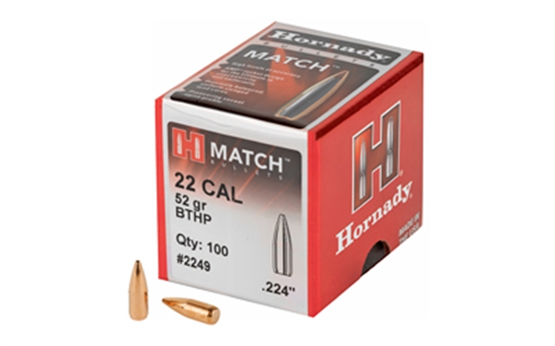 Picture of  Hornady 2249 Match  22 Cal .224 52 GR Hollow Point Boat Tail Match 100 Per Box/ 40 Case 090255222494