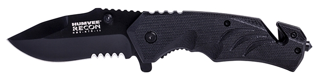 Picture of  Humvee Adventure Gear Hmvktr15 Tactical Recon  3" Folding Drop Point Part Serrated Black Stainless Steel Blade/Black Textured Features Glass Breaker/Seat Belt Cutter Includes Pocket Clip