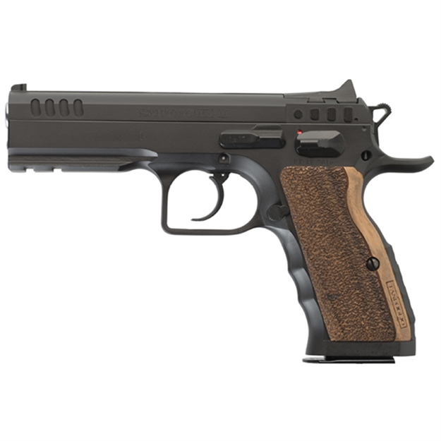 Picture of  Tanfoglio Ifg Tfstocki9sf Defiant Stock I 9Mm Luger Caliber With 4.50" Barrel, 16+1 Capacity, Overall Black Finish Steel, Picatinny Rail/Beavertail Short Frame, Serrated Slide & Wood Grip