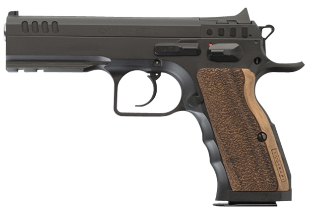 Picture of  Tanfoglio Ifg Tfstocki9sf Defiant Stock I 9Mm Luger Caliber With 4.50" Barrel, 16+1 Capacity, Overall Black Finish Steel, Picatinny Rail/Beavertail Short Frame, Serrated Slide & Wood Grip 8051770130055