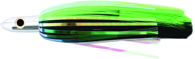 Picture of Iland Ilander Flashilander Trolling Lure, 8 1/4", 2 1/2 Oz, 3-D Eyes, Chrome Head/Black & E Green Skirt, 6 - 8 1/2 Kts