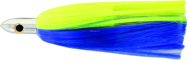 Picture of Iland Ilander Trolling Lure, 8 1/4", 2 1/2 Oz, 3-D Eyes, Chrome Head/Blue & Chartreuse Skirt, 6 - 8 1/2 Kts