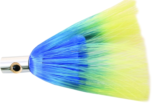 Picture of Iland Out-Rider Trolling Lure, 4 1/4", 3/4 Oz, 3-D Eyes, Concave Chrome/Blue & Yellow (Dol) Skirt
