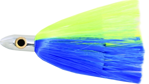 Picture of Iland Tracker Trolling Lure, 4 1/4", 3/4 Oz, 3-D Eyes, Chrome Head/Blue & Chartreuse Skirt