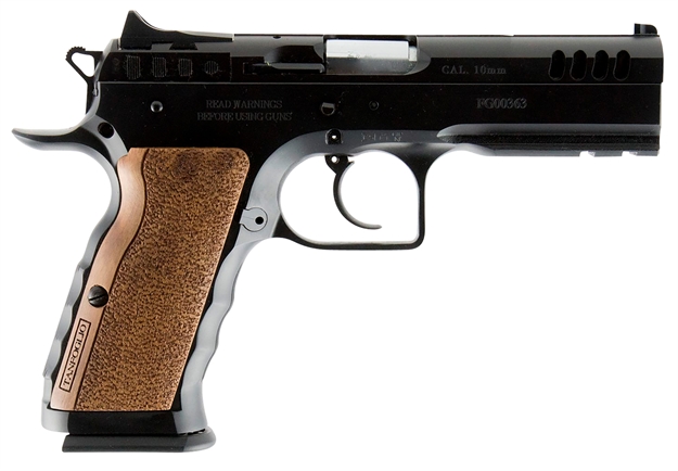 Picture of Tanfoglio Ifg Tfstocki10 Defiant Stock I 10Mm Auto Caliber With 4.50" Barrel, 13+1 Capacity, Overall Black Finish Steel, Picatinny Rail/Beavertail Frame, Serrated Slide & Wood Grip TF-STOCKI-10