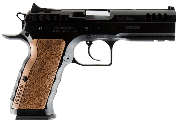 Picture of Tanfoglio Ifg Tfstocki40 Defiant Stock I 40 S&W Caliber With 4.50" Barrel, 14+1 Capacity, Overall Black Finish Steel, Picatinny Rail/Beavertail Frame, Serrated Slide & Wood Grip TFSTOCKI10