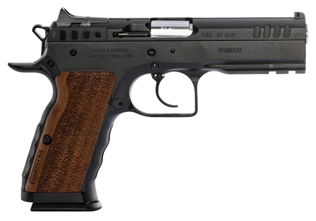 Picture of  Tanfoglio Ifg Tfstocki45 Defiant Stock I 45 Acp Caliber With 4.50" Barrel, 10+1 Capacity, Overall Black Finish Steel, Picatinny Rail/Beavertail Frame, Serrated Slide & Wood Grip