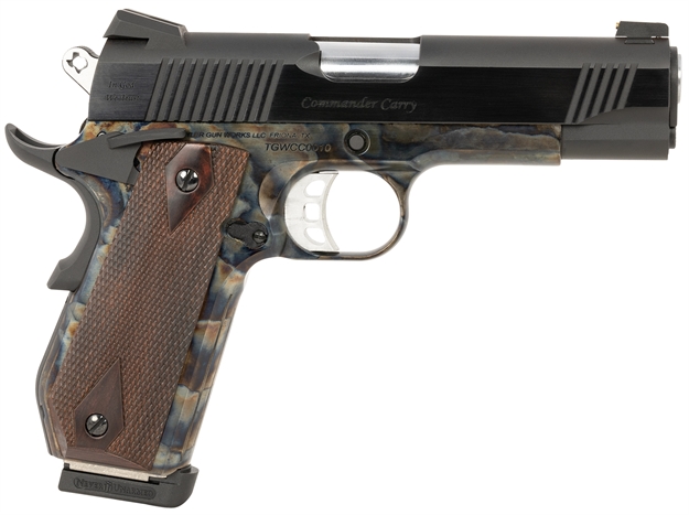 Picture of  Tyler Gun Works Tgwcmcc45 Custom 1911 Commander 45 Acp 7+1 4.25" Stainless Match Grade Barrel, Blued Serrated Steel Slide Color Case Steel Frame W/Beavertail, Walnut Grip