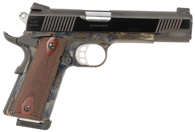 Picture of  Tyler Gun Works Tgwgvcc45 Custom 1911 Government Full Size Frame 45 Acp 7+1 5" Stainless Match Grade Barrel, Blued Serrated Steel Slide, Color Case Steel Frame W/Beavertail, Walnut Grip