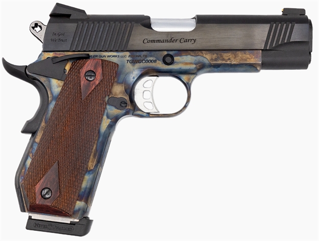Picture of  Tyler Gun Works Tgwcmcc45 Custom 1911 Commander 45 Acp 7+1 4.25" Stainless Match Grade Barrel, Blued Serrated Steel Slide Color Case Steel Frame W/Beavertail, Walnut Grip 850023353269