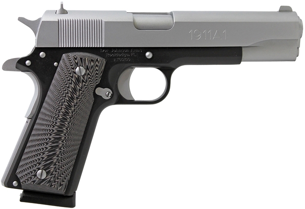 Picture of Iver Johnson Arms 1911A1tt 1911 A1  Full Size Frame 45 Acp 8+1 5" Stainless Steel Barrel, Silver Cerakote Serrated Stainless Steel Slide, Black Steel Frame W/Beavertail, Black/Gray G10 Grip 1911A1-T/T45 796167791515