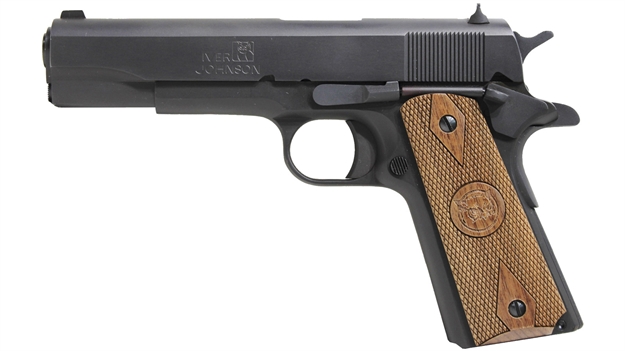 Picture of Iver Johnson Arms 1911A19 1911 A1  9Mm Luger 9+1 5" Black Steel Barrel, Matte Black Serrated Steel Slide, Matte Black Steel Frame W/Beavertail, Checkered Double Diamond Walnut Grip GIJ12