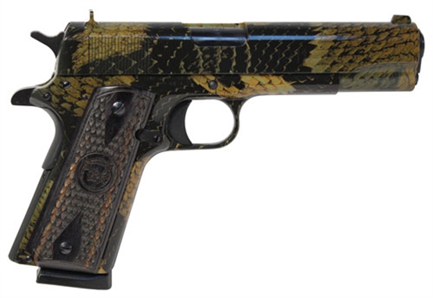 Picture of Iver Johnson Arms 1911A1boa 1911 A1 Boa 45 Acp 8+1 5" Black Steel Barrel, Boa Snakeskin Steel Serrated Slide, Boa Snakeskin Steel Frame W/Beavertail, Black Dymondwood Snakeskin Grip GIJBOA