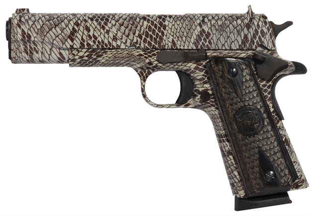 Picture of Iver Johnson Arms 1911A1copperhead 1911 A1 Copperhead 45 Acp 8+1 5" Black Steel Barrel, Tan Snakeskin Hydrographic Serrated Steel Slide & Frame W/Beavertail, Black Snakeskin Diamondwood Grip GIJCH 609788801160