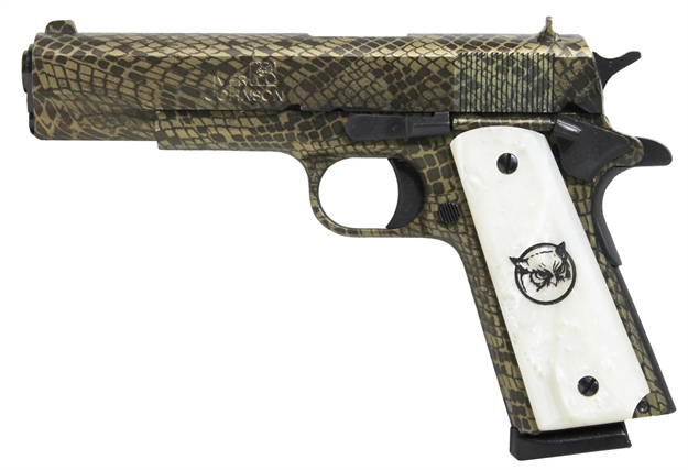 Picture of Iver Johnson Arms 1911A1watermoccasin 1911 A1 Water Moccasin 45 Acp 8+1 5" Black Steel Barrel, Green Snakeskin Hydrographic Serrated Steel Slide & Frame W/Beavertail, White Synthetic Pearl Grip GIJWM 609788801177
