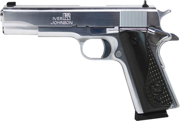 Picture of Iver Johnson Arms 1911A138chrw 1911 A1 Government 70 Series 38 Super 9+1 5" Bright Polish Chrome Serrated Steel Slide & Frame W/Beavertail, Black Dual Textured Diamondwood Grip, Right Hand 1911A1CHROME38 740120787565