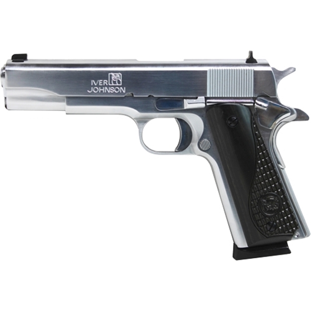 Picture of Iver Johnson Arms 1911Chrw 1911 A1  45 Acp 8+1 5" Stainless Steel Barrel, Bright Polish Chrome Serrated Steel Slide & Frame W/Beavertail, Black Diamondwood Grip 1911A1CHR-W 767550432797