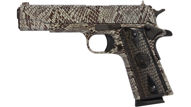 Picture of Iver Johnson Arms 1911A1copperhead 1911 A1 Copperhead 45 Acp 8+1 5" Black Steel Barrel, Tan Snakeskin Hydrographic Serrated Steel Slide & Frame W/Beavertail, Black Snakeskin Diamondwood Grip GIJCH