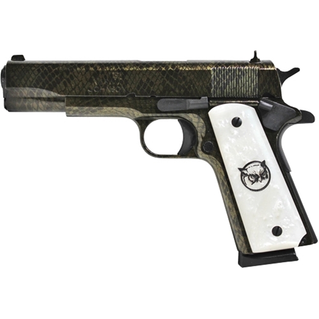Picture of Iver Johnson Arms 1911A1watermoccasin 1911 A1 Water Moccasin 45 Acp 8+1 5" Black Steel Barrel, Green Snakeskin Hydrographic Serrated Steel Slide & Frame W/Beavertail, White Synthetic Pearl Grip GIJWM
