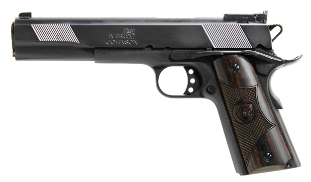 Picture of Iver Johnson Arms Eaglexl45 Eagle XL Deluxe Full Size Frame 45 Acp 8+1 6" Steel Barrel, Matte Blued Serrated Steel Slide & Frame W/Beavertail, Diamondwood Walnut W/Integrated Logo Grip, Right Hand GIJ25