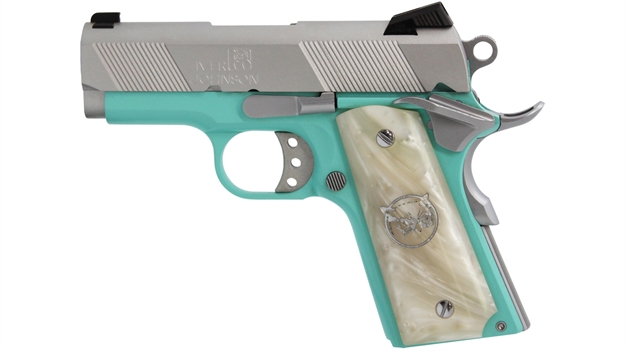 Picture of Iver Johnson Arms Thrashertb9 1911 Thrasher Officer 70 Series 9Mm Luger 3.13" 8+1 Tiffany Blue Cerakote Silver Cerakote White Synthetic Pearl Grip THRASHER TB9 712195498462