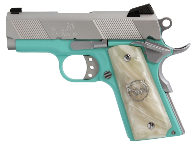 Picture of Iver Johnson Arms Thrashertb9 1911 Thrasher Officer 70 Series 9Mm Luger 3.13" 8+1 Tiffany Blue Cerakote Silver Cerakote White Synthetic Pearl Grip THRASHER TB9