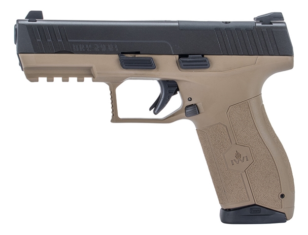 Picture of  Iwi US M9orp17fd Masada  9Mm Luger 17+1 4.10" Black Button Rifled Steel Barrel/Black Optic Ready/Serrated Slide/Flat Dark Earth Polymer Frame W/Picatinny Rail/Fde Polymer Grips Ambidextrous
