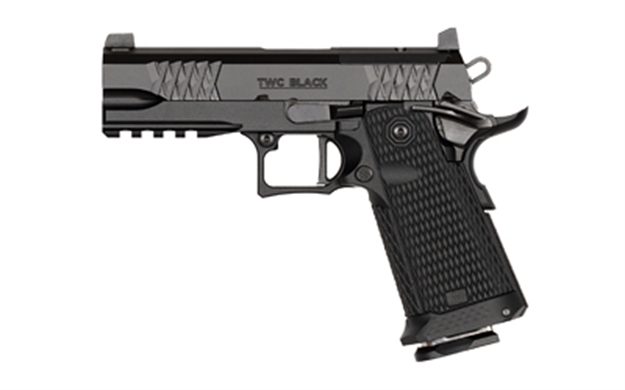 Picture of  Jacob Grey Firearms Twcblk425  Twc Black 9Mm 17+1 4.25" Black Optic Ready/Serrated Steel Slide  W/Beavertail & Picatinny Rail Textured Grip