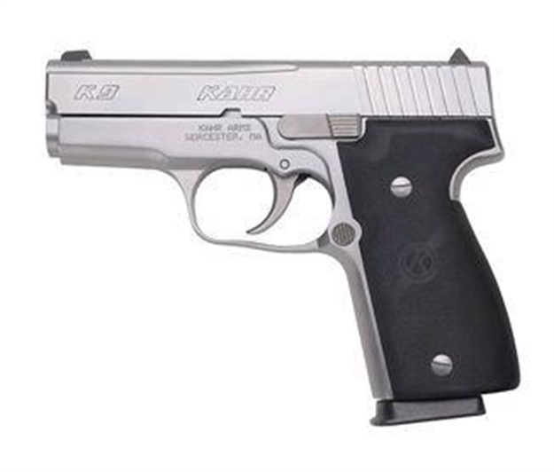 Picture of  Kahr Arms K9093a K9  9Mm Luger 7+1/8+1 3.47" Stainless Polygonal Rifled Barrel, Matte Serrated Stainless Steel Slide, Matte Stainless Steel Frame, Black Textured Wraparound Polymer Grip, Right Hand
