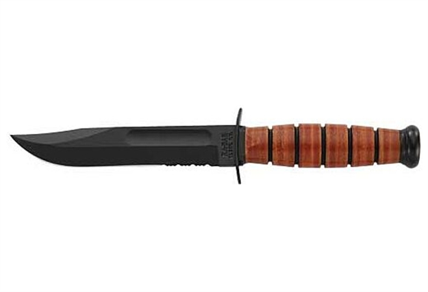 Picture of  Ka-Bar 1252 Usmc  5.25" Fixed Clip Point Part Serrated Black 1095 Cro-Van Blade, Brown Leather Handle, Includes Sheath