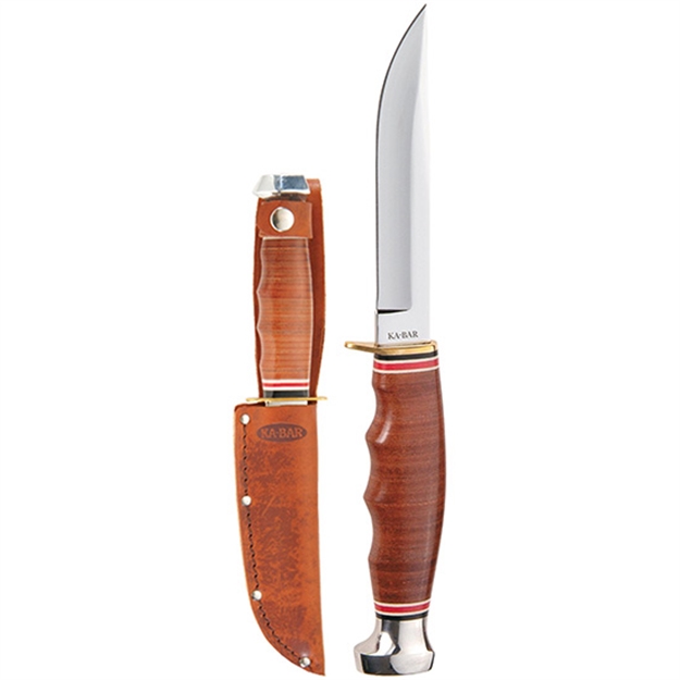 Picture of Ka-Bar 1232 Hunter  4" Fixed Clip Point Plain Polished 5Cr15mov SS Blade, Stacked Leather W/Finger Grooves Leather Handle, Includes Sheath 2-1232-1 617717212321