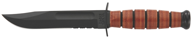 Picture of  Ka-Bar 1252 Usmc  5.25" Fixed Clip Point Part Serrated Black 1095 Cro-Van Blade, Brown Leather Handle, Includes Sheath 617717212529